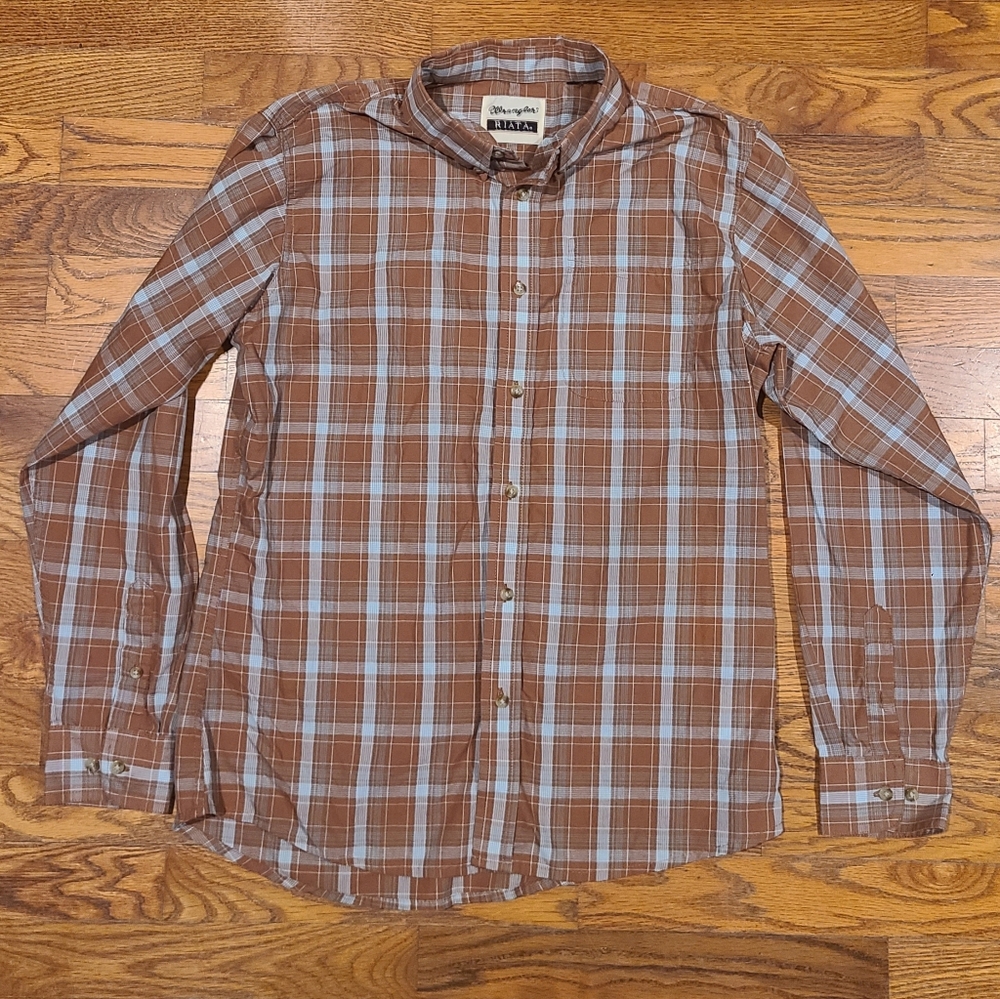 Wrangler Riata Brown and Blue Plaid Casual Button Down Shirt Boys Size XL